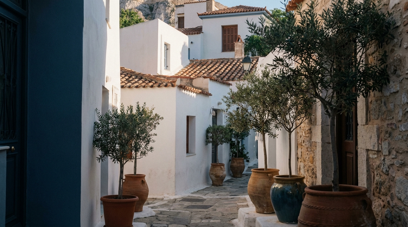 Narrow cobbled alleyway in Anafiotika with whitewashed stone houses and bougainvillea blossoms under warm afternoon light.
