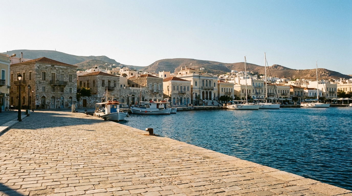 A wide paved seaside promenade in Ermoupoli harbour with smooth stone paving under bright warm daylight.