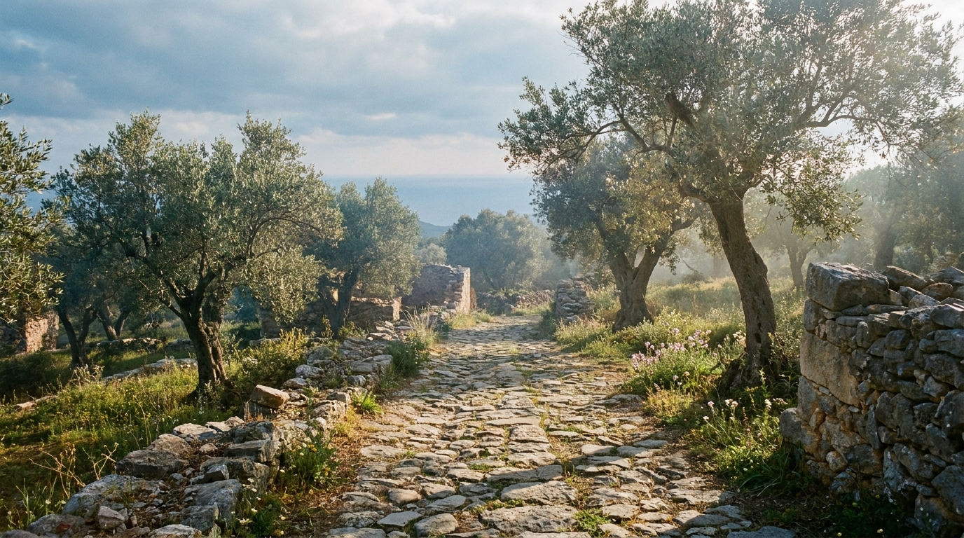 A stone path winding through an olive grove in early morning spring light on Crete.