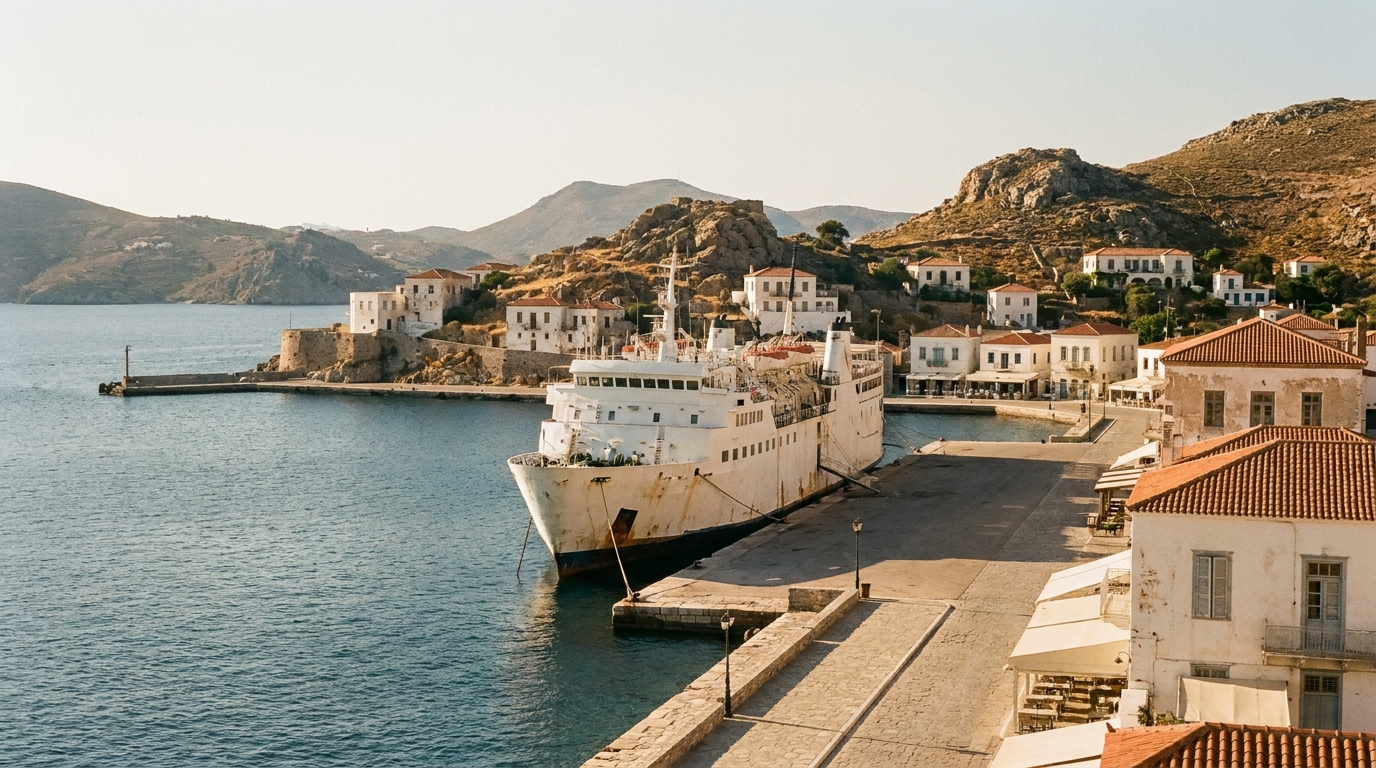 White ferry ship docked at a Mediterranean harbour pier under clear blue sky.