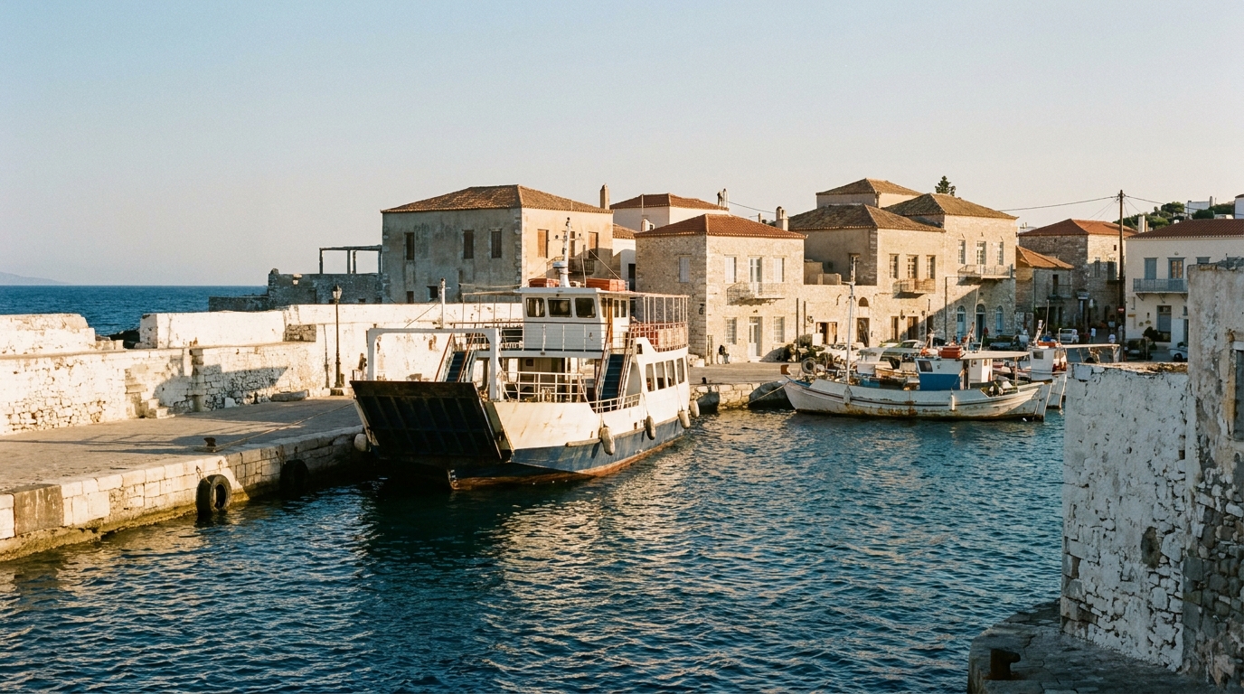 A ferry docked in a calm Aegean harbor beside whitewashed buildings during afternoon sun.