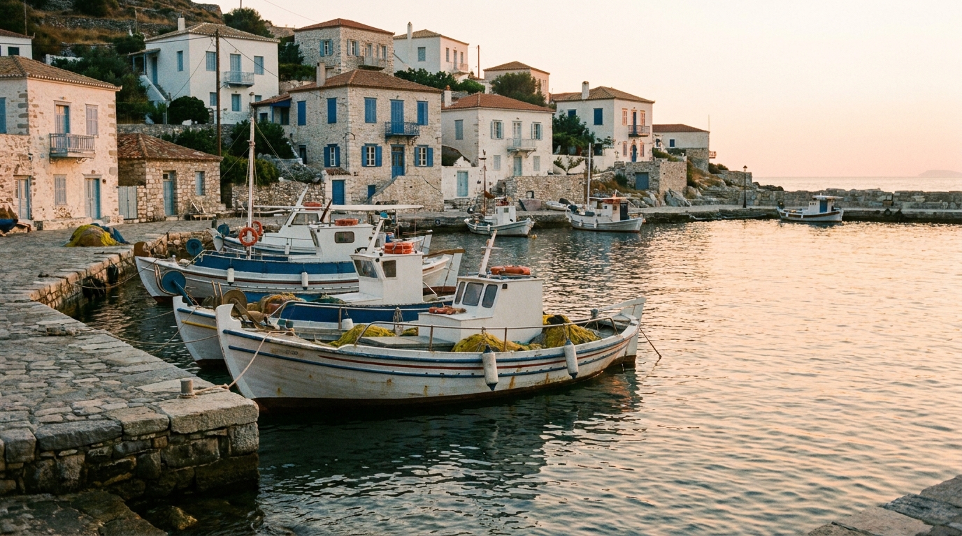 A quiet stone harbour in Greece with small fishing boats tied to blue wooden moorings under bright afternoon sunlight