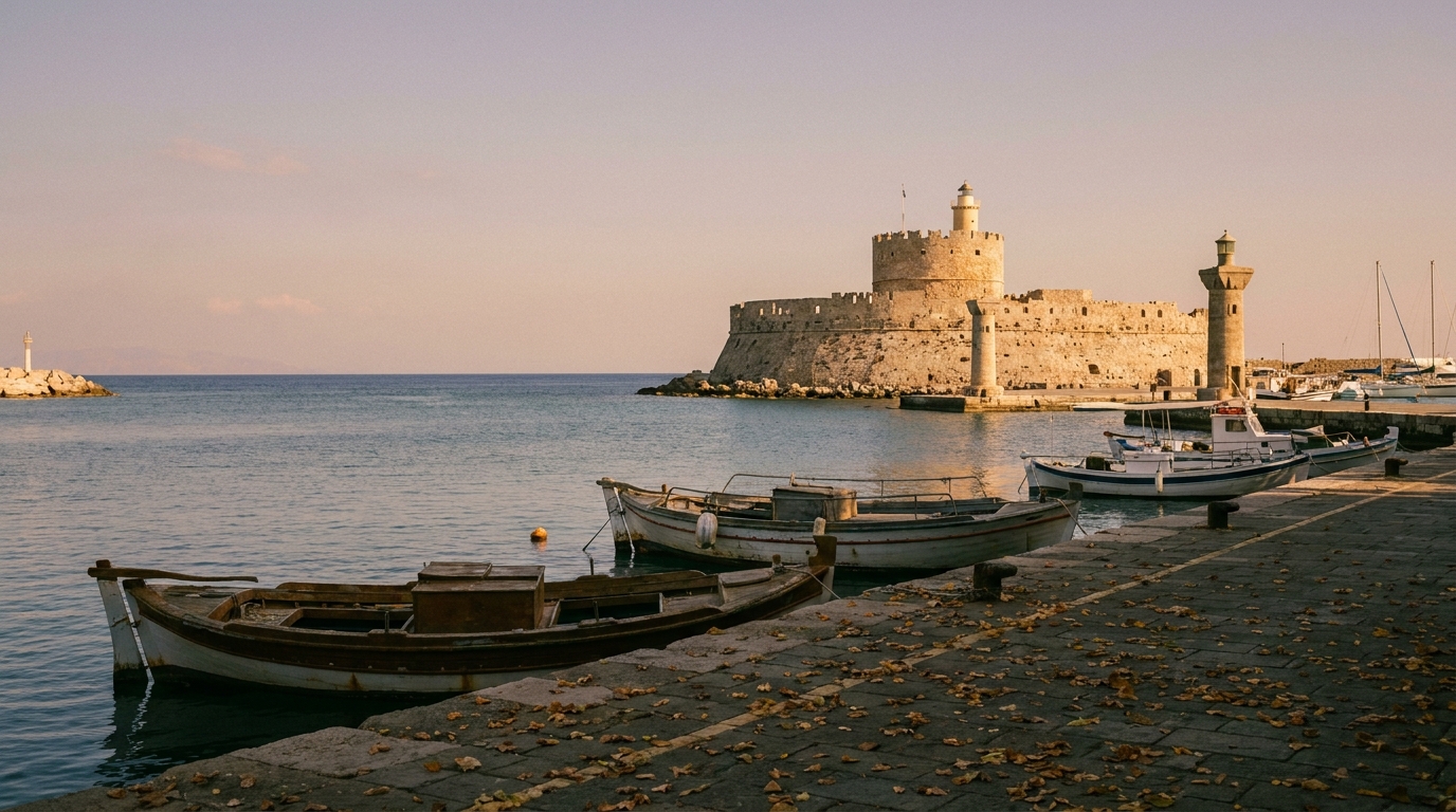 Mandraki harbour in Rhodes with medieval stone towers and calm blue sea under late afternoon sun