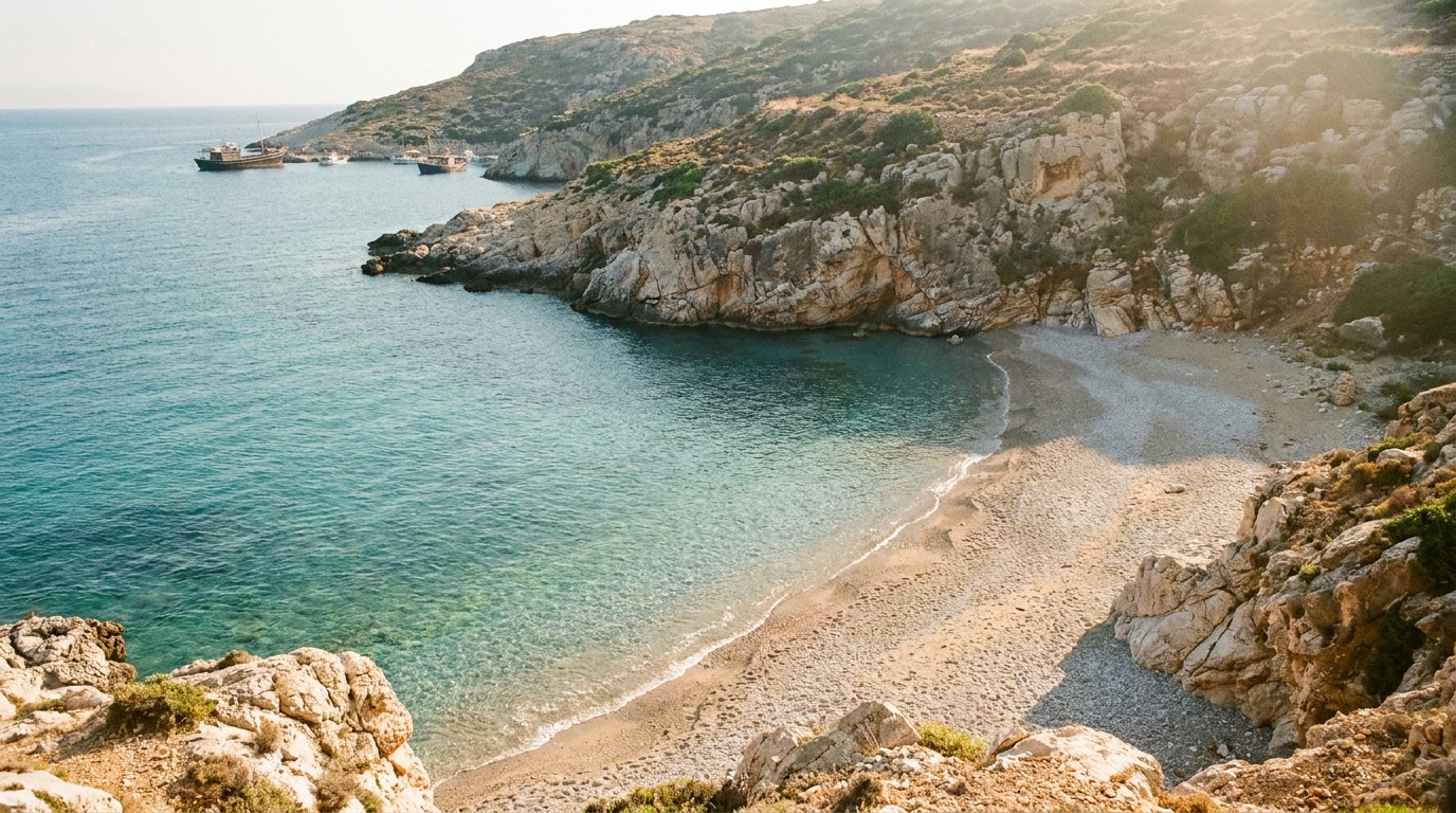 A sheltered bay in Greece with clear blue water, pebble shoreline, and limestone cliffs under bright daylight.