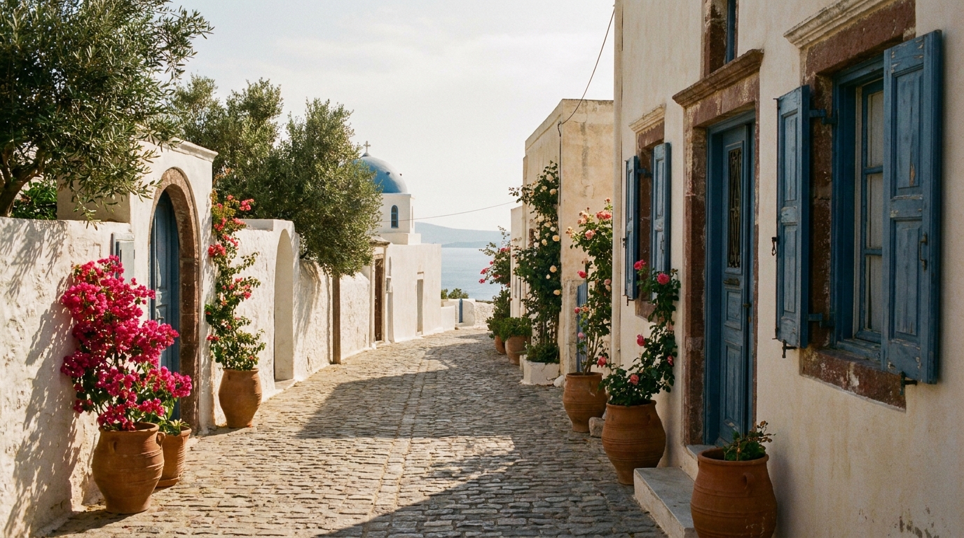 Sunlit whitewashed village alley in Greece with stone paving and blue window shutters