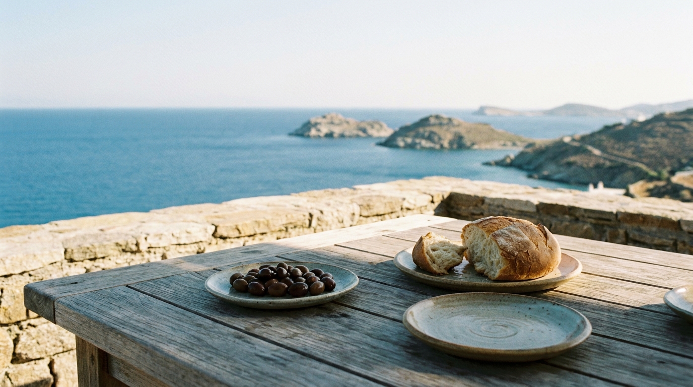 An outdoor wooden table overlooking the Aegean Sea with small dishes of olives, feta, and bread.