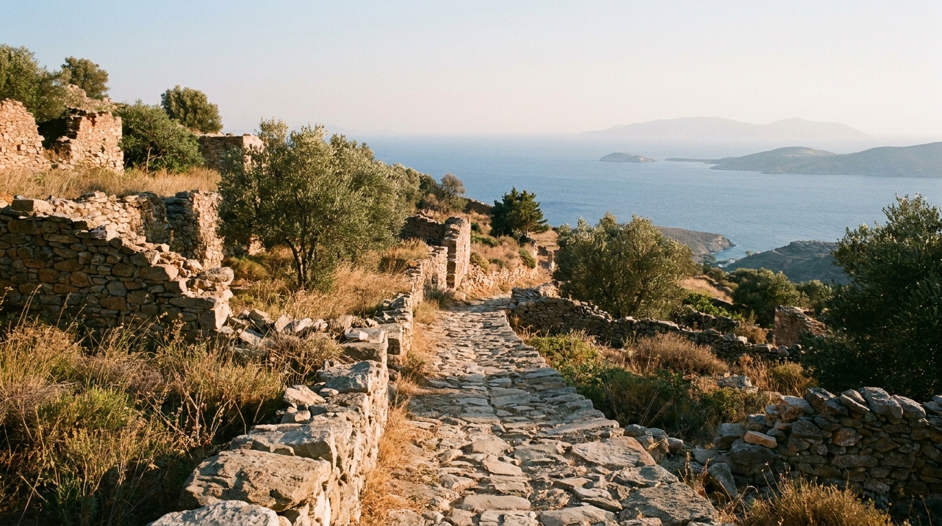 A dry stone path curving around an ancient olive grove on a sunny hillside in Sifnos.