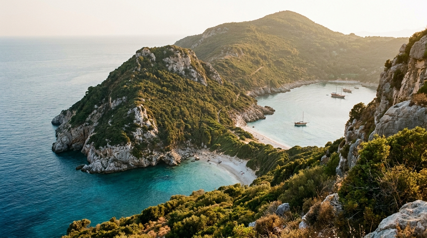 A scenic green coastline with dense pine trees and white pebble shores in Kefalonia.