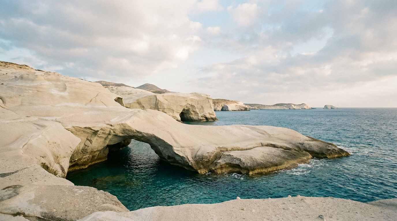 Smooth white volcanic rocks framing bright turquoise water along the coast of Milos.