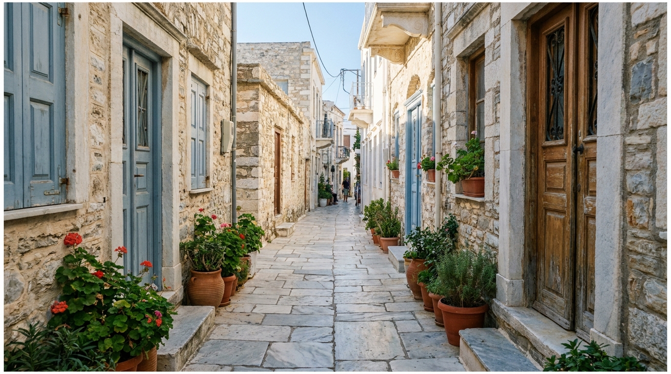 Sunlit marble alley between white stone houses in a mountain village on Naxos