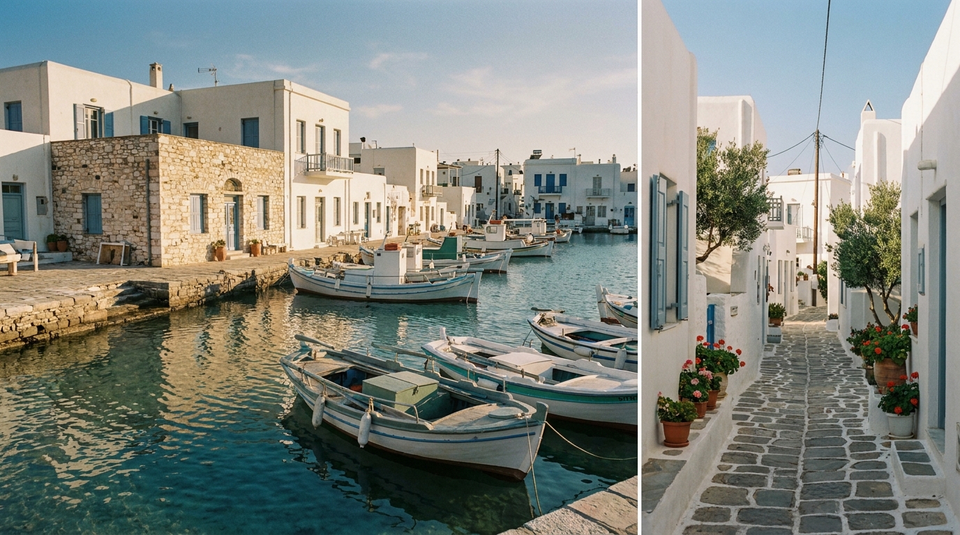 White stone buildings and blue sea in the coastal village of Naoussa on Paros.
