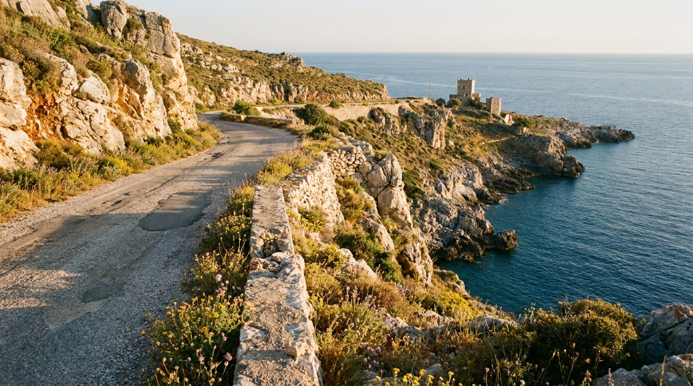 A quiet asphalt road winding along a rugged coastal cliff in southern Greece during afternoon sun.