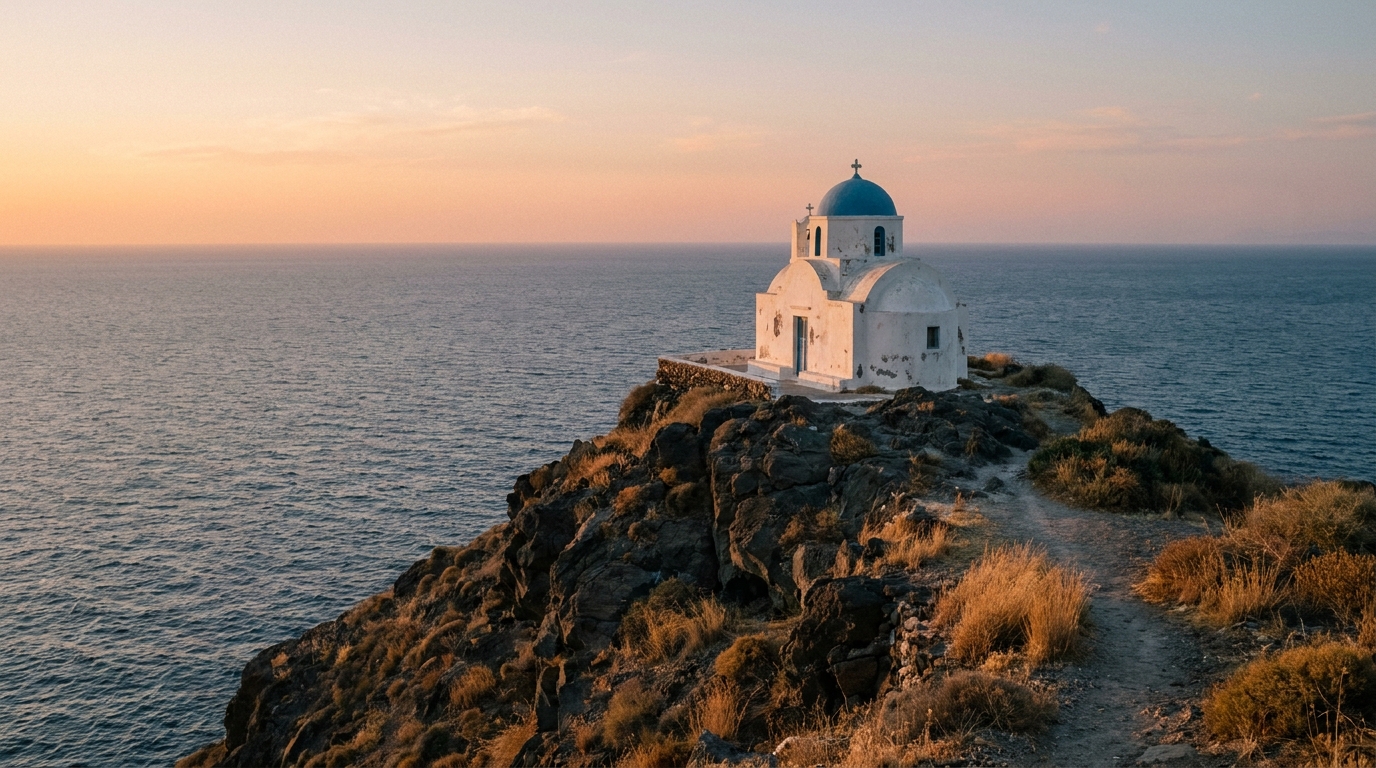 A whitewashed cliffside church overlooking the calm Aegean sea during sunset on Folegandros island.