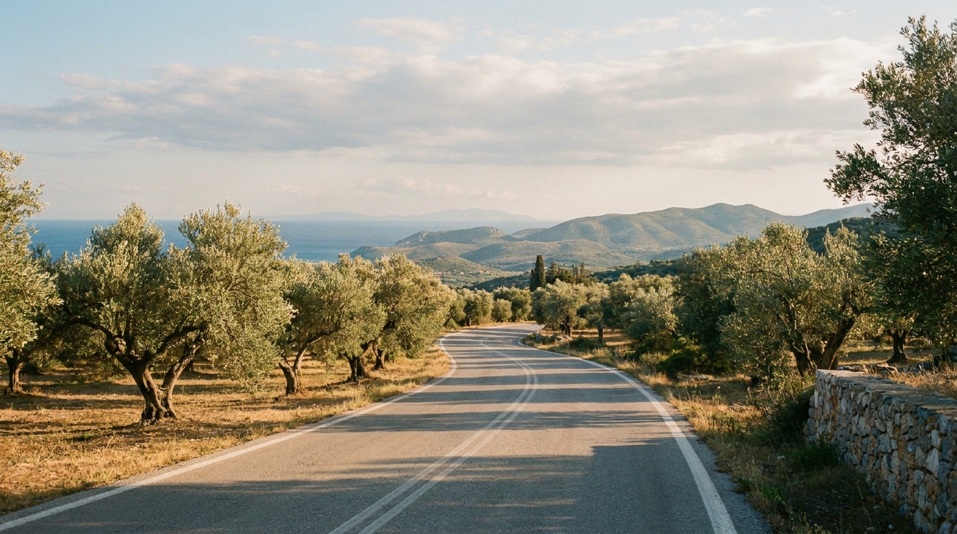 A quiet paved winding road cutting through green hillside olive groves under bright afternoon sunlight in Peloponnese, Greece.