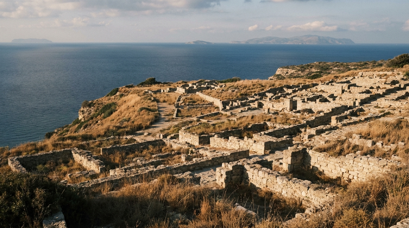 Sunlight shining over the pebble shore and ruins of Kameiros on the western coast of Rhodes