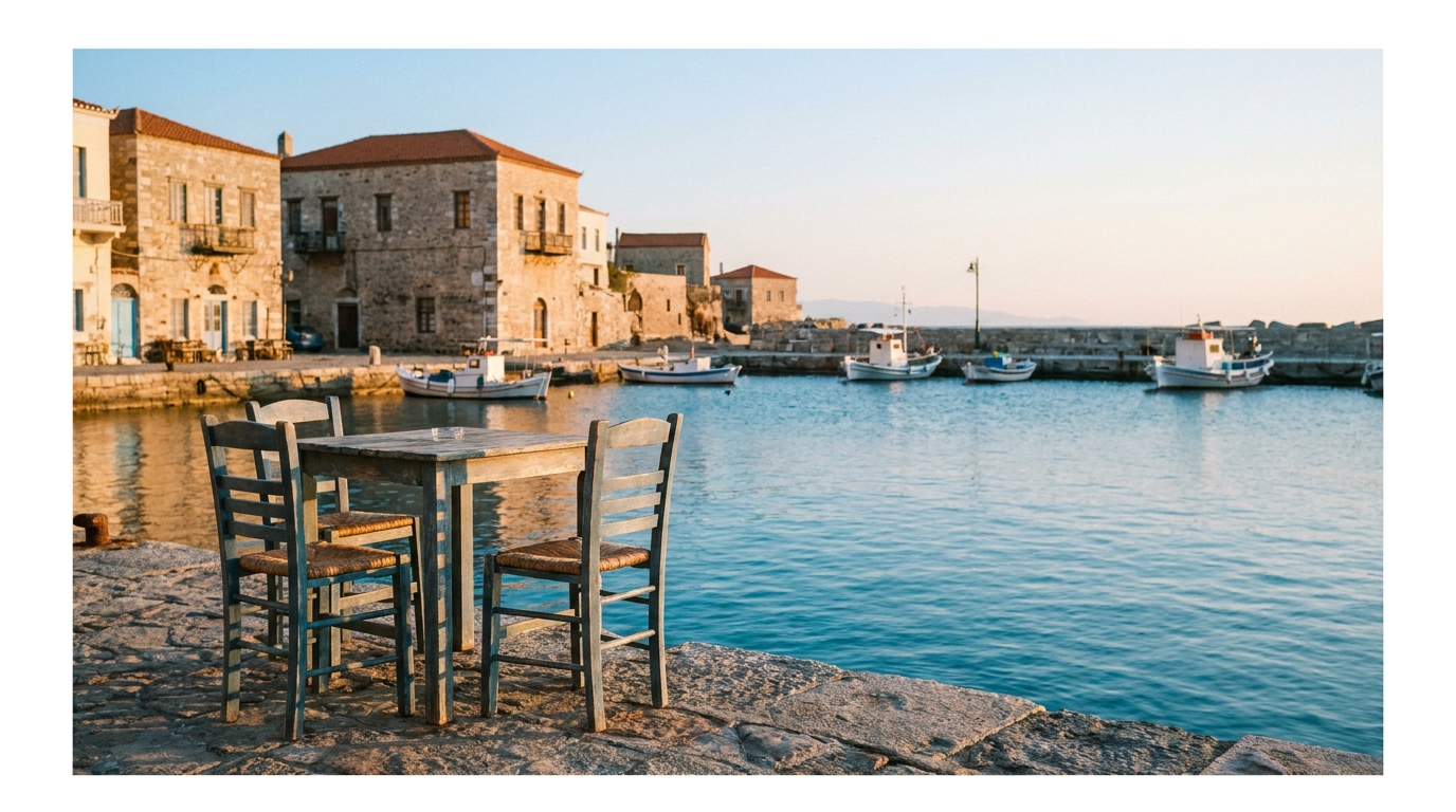A single wooden cafe table set outdoors on a stone harbor quay facing calm water at sunset.