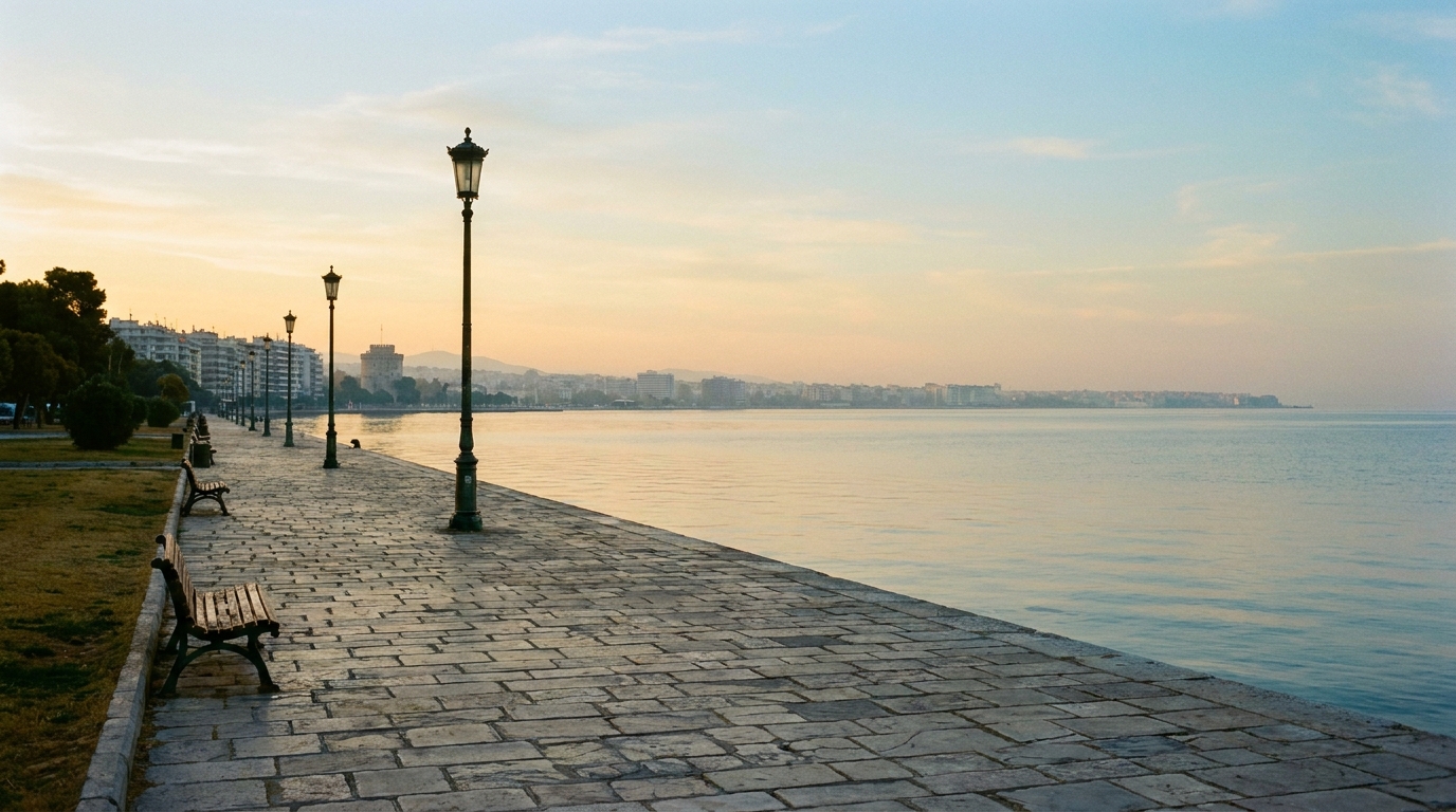 A wide paved waterfront promenade along a calm blue bay during early evening sunset.