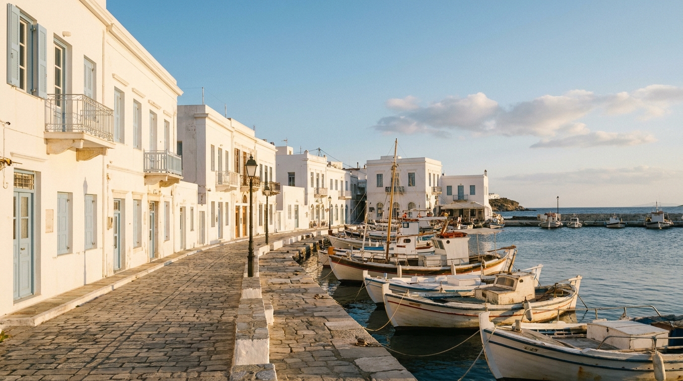 A quiet stone street in an old Greek coastal town bathed in low afternoon autumn sun.